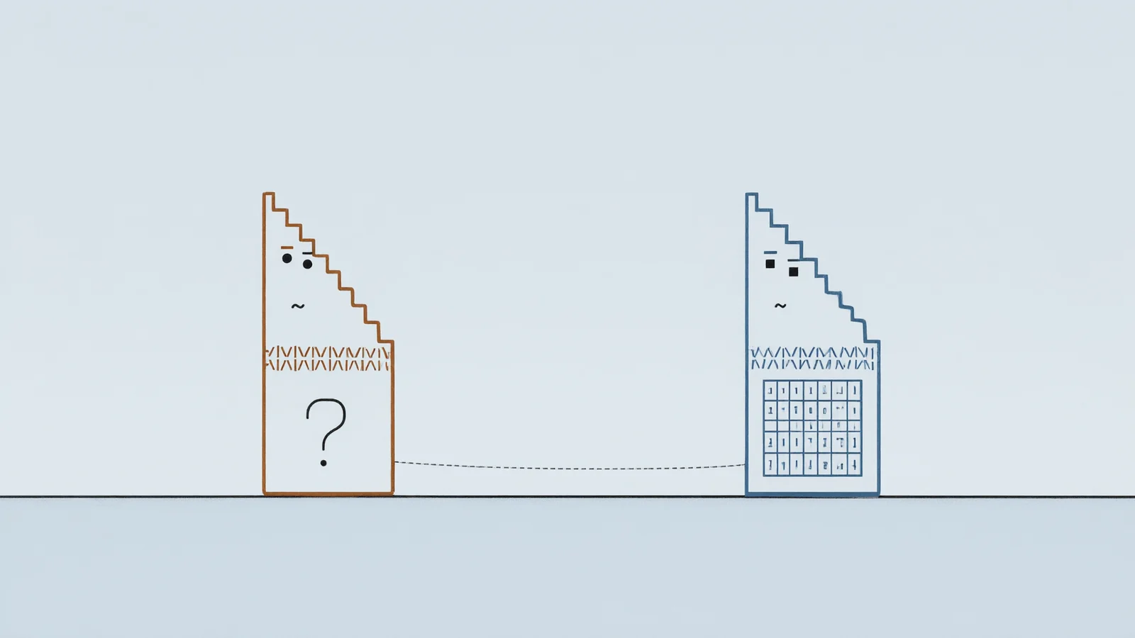 The two peak spirits, the rust one holding a question mark and the blue one holding binary, waiting under a pale sky